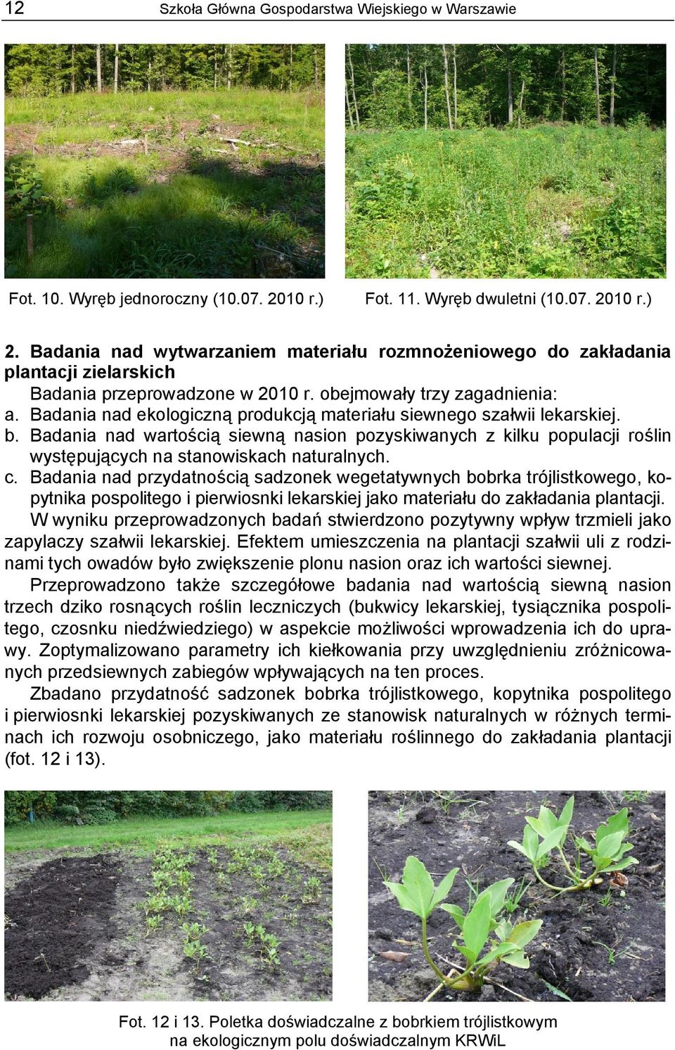 Badania nad ekologiczną produkcją materiału siewnego szałwii lekarskiej. b. Badania nad wartością siewną nasion pozyskiwanych z kilku populacji roślin występujących na stanowiskach naturalnych. c.