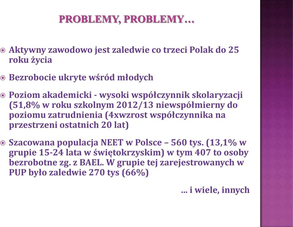 współczynnika na przestrzeni ostatnich 20 lat) Szacowana populacja NEET w Polsce 560 tys.