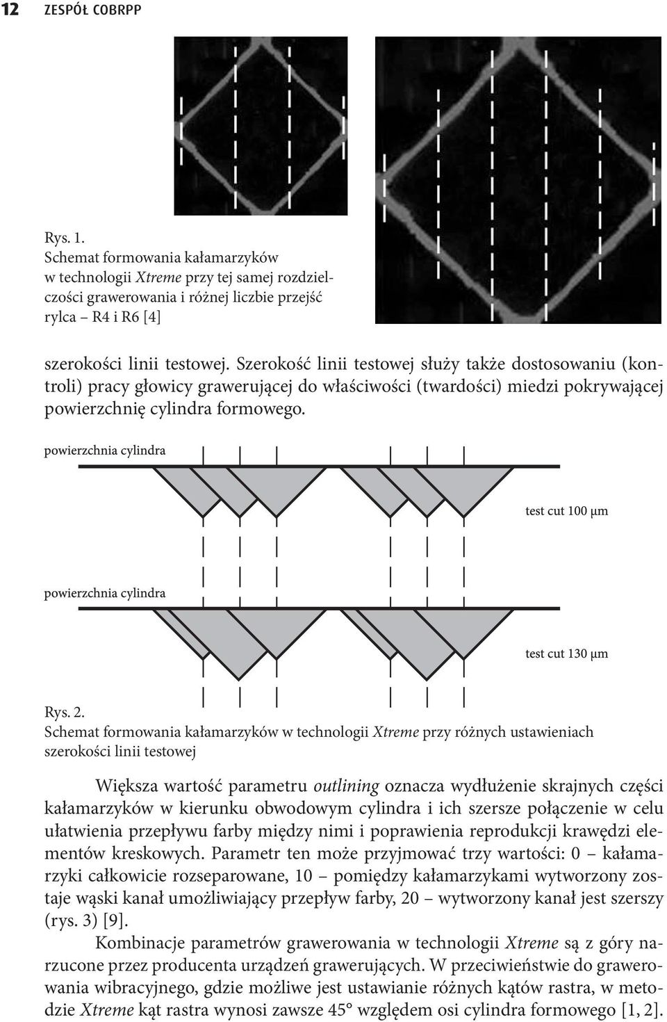 Schemat formowania kałamarzyków w technologii Xtreme przy różnych ustawieniach szerokości linii testowej Większa wartość parametru outlining oznacza wydłużenie skrajnych części kałamarzyków w