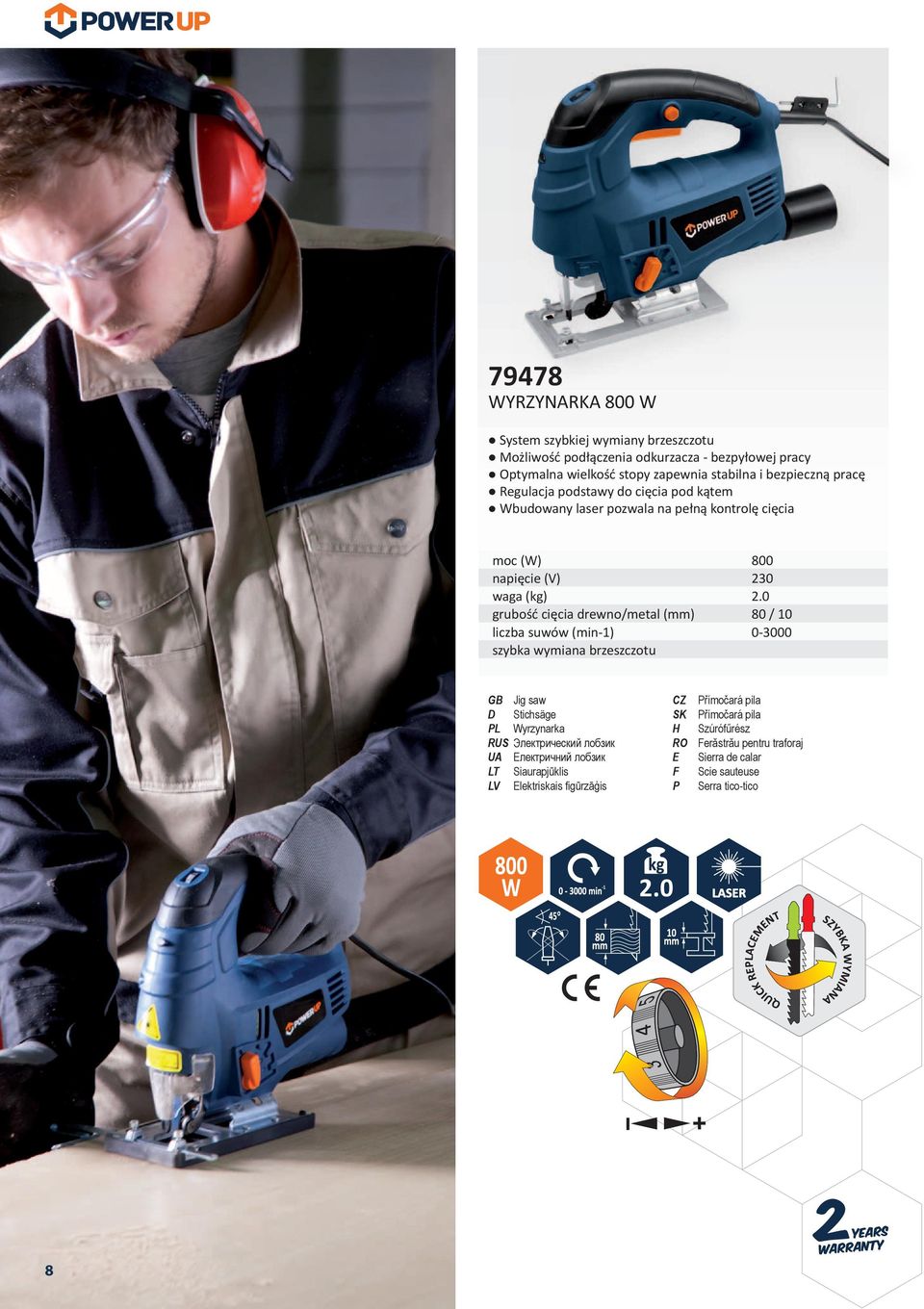 0 grubość cięcia drewno/metal (mm) 80 / 10 liczba suwów (min-1) 0-3000 szybka wymiana brzeszczotu GB Jig saw D Stichsäge L Wyrzynarka RUS Электрический