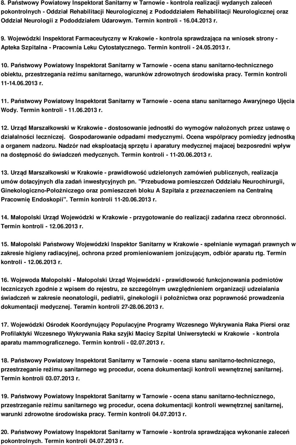 Wojewódzki Inspektorat Farmaceutyczny w Krakowie - kontrola sprawdzająca na wniosek strony - Apteka Szpitalna - Pracownia Leku Cytostatycznego. Termin kontroli - 24.05.2013 r. 10.