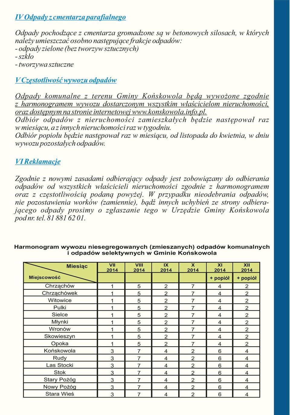 nieruchomości, oraz dostępnym na stronie internetowej www.konskowola.info.pl. Odbiór odpadów z nieruchomości zamieszkałych będzie następował raz w miesiącu, a z innych nieruchomości raz w tygodniu.