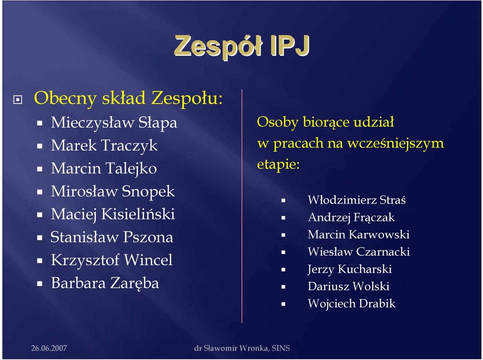Osoby biorące udział w pracach na wcześniejszym etapie: Włodzimierz Straś Andrzej