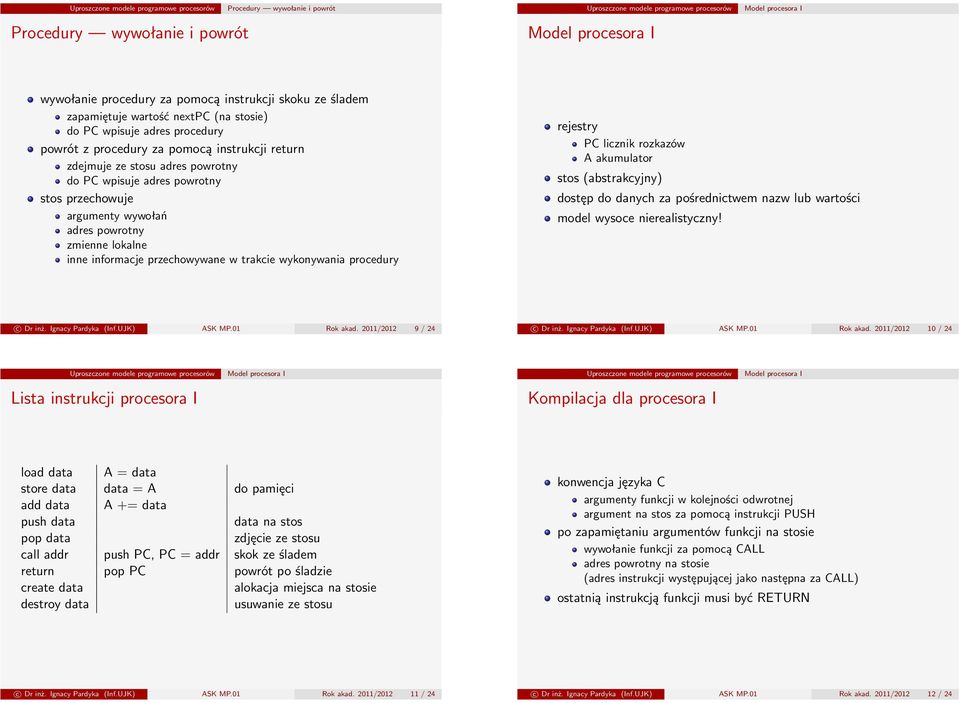 akumulator stos (abstrakcyjny) dostęp do danych za pośrednictwem nazw lub wartości model wysoce nierealistyczny! c Dr inż. Ignacy Pardyka (Inf.UJK) ASK MP.01 Rok akad. 2011/2012 9 / 24 c Dr inż.