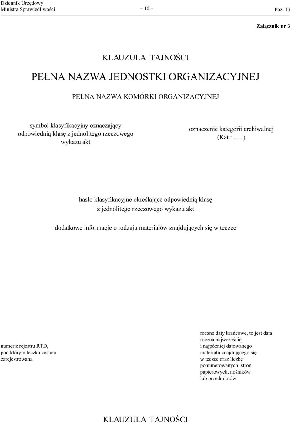 .) hasło klasyfikacyjne określające odpowiednią klasę z jednolitego rzeczowego wykazu akt dodatkowe informacje o rodzaju materiałów znajdujących się w teczce numer z