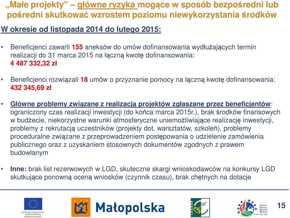 dofinansowania: 432 345,69 zł Główne problemy związane z realizacją projektów zgłaszane przez beneficjentów: ograniczony czas realizacji inwestycji (do końca marca 2015r.