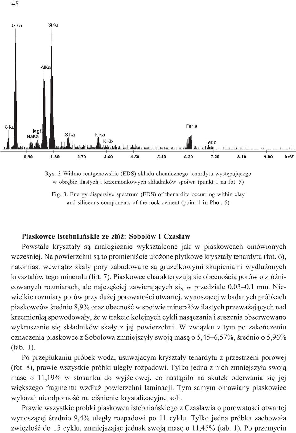 Na powierzchni s¹ to promieniœcie u³o one p³ytkowe kryszta³y tenardytu (fot. 6), natomiast wewn¹trz ska³y pory zabudowane s¹ gruze³kowymi skupieniami wyd³u onych kryszta³ów tego minera³u (fot. 7).