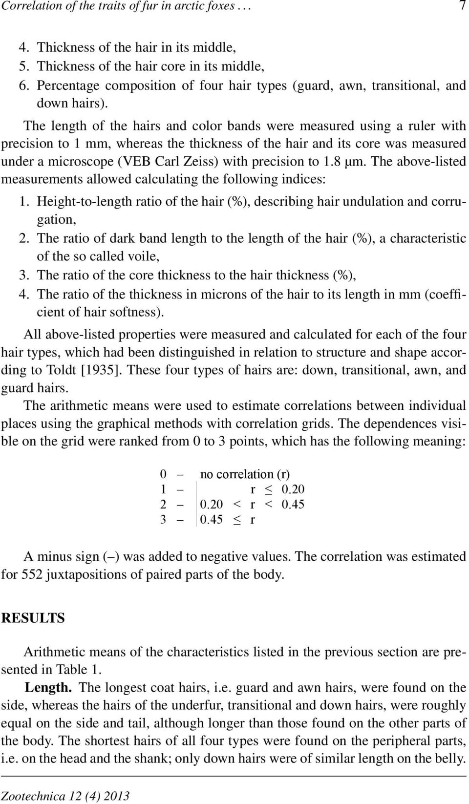 The length of the hairs and color bands were measured using a ruler with precision to 1 mm, whereas the thickness of the hair and its core was measured under a microscope (VEB Carl Zeiss) with