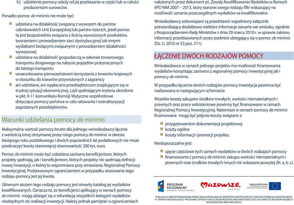 wywożonych produktów, tworzeniem i prowadzeniem sieci dystrybucyjnej lub innymi wydatkami bieżącymi związanymi z prowadzeniem działalności wywozowej udzielana na działalność gospodarczą w zakresie