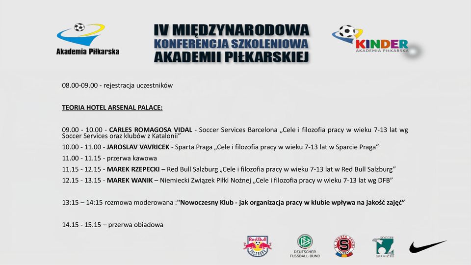 00 - JAROSLAV VAVRICEK - Sparta Praga Cele i filozofia pracy w wieku 7-13 lat w Sparcie Praga 11.00-11.15 - przerwa kawowa 11.15-12.