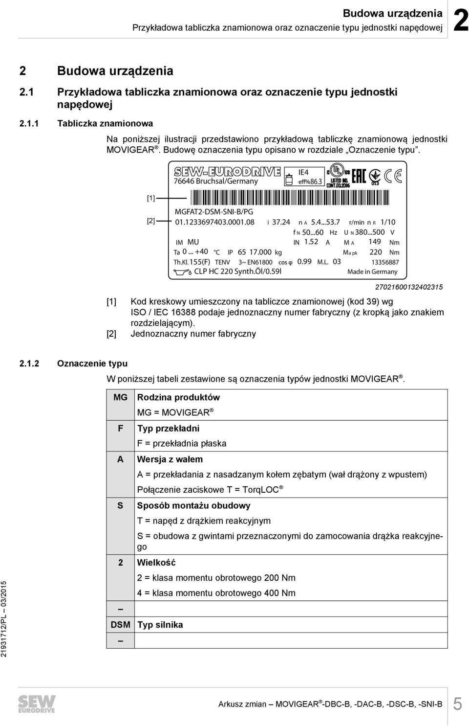 Budowę oznaczenia typu opisano w rozdziale Oznaczenie typu. 76646 Bruchsal/Germany IE4 86.3 [1] [2] MGFAT2-DSM-SNI-B/PG 01.1233697403.0001.08 i 37.24 n A 5.4...53.7 r/min n R 1/10 f N 50.