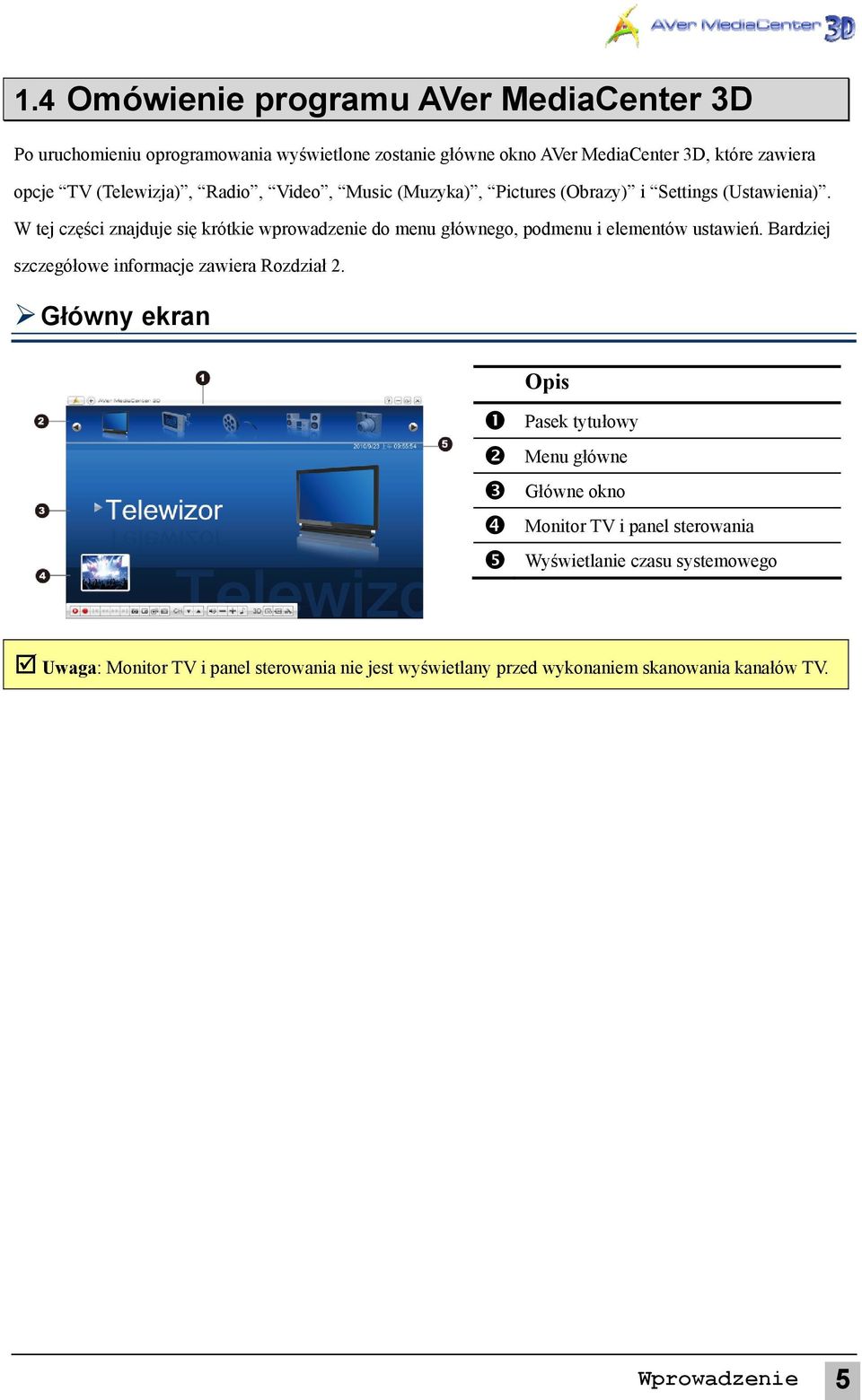 W tej części znajduje się krótkie wprowadzenie do menu głównego, podmenu i elementów ustawień. Bardziej szczegółowe informacje zawiera Rozdział 2.