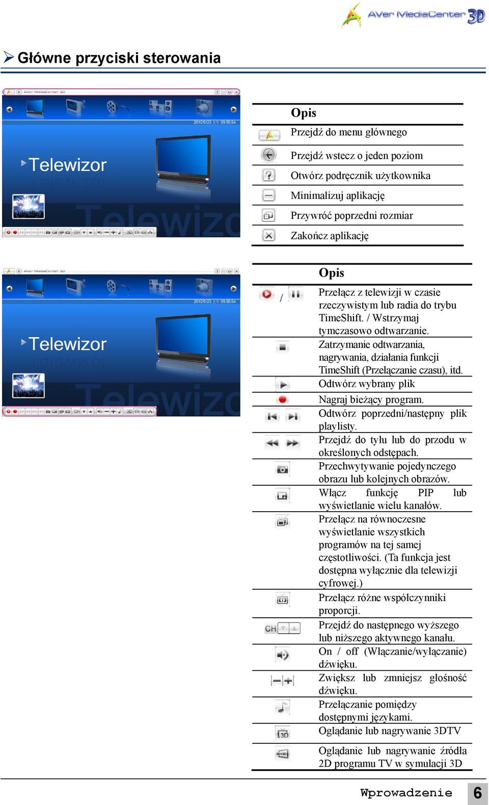 Odtwórz wybrany plik Nagraj bieżący program. Odtwórz poprzedni/następny plik playlisty. Przejdź do tyłu lub do przodu w określonych odstępach.