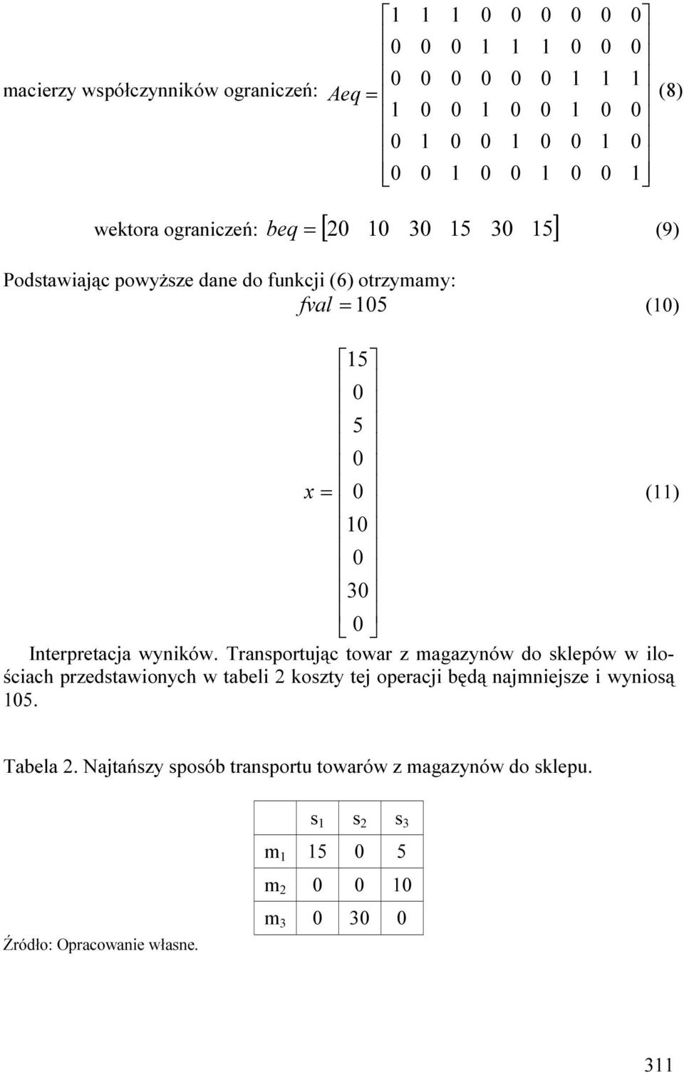 Transportuąc towar z magazynów do sklepów w loścach przedstawonych w tabel 2 koszty te operac będą