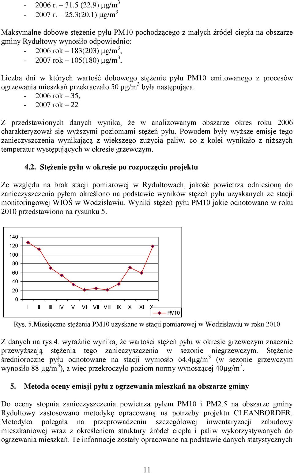 których wartość dobowego stężenie pyłu PM10 emitowanego z procesów ogrzewania mieszkań przekraczało 50 µg/m 3 była następująca: - 2006 rok 35, - 2007 rok 22 Z przedstawionych danych wynika, że w
