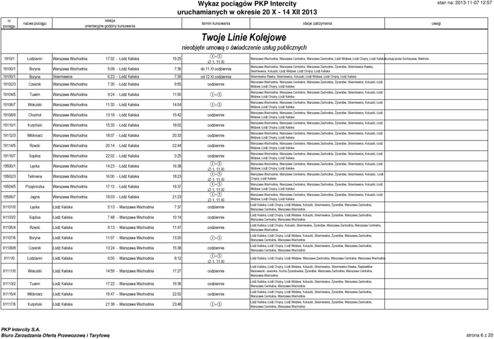 Cześnik 7:35 - Łódź Kaliska 9:55 19104/5 Tuwim 9:24 - Łódź Kaliska 11:50 19106/7 Wokulski 11:33 - Łódź Kaliska 14:04 19108/9 Chochoł 13:18 - Łódź Kaliska 15:42 19110/1 Kurpiński 15:33 - Łódź Kaliska