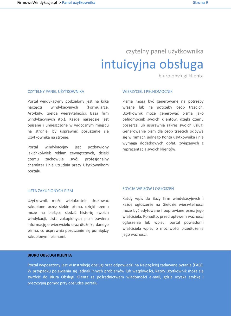 (Formularze, Artykuły, Giełda wierzytelności, Baza firm windykacyjnych itp.).