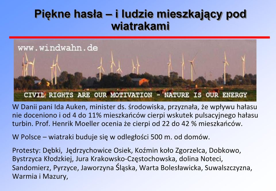 Henrik Moeller ocenia że cierpi od 22 do 42 % mieszkańców. W Polsce wiatraki buduje się w odległości 500 m. od domów.