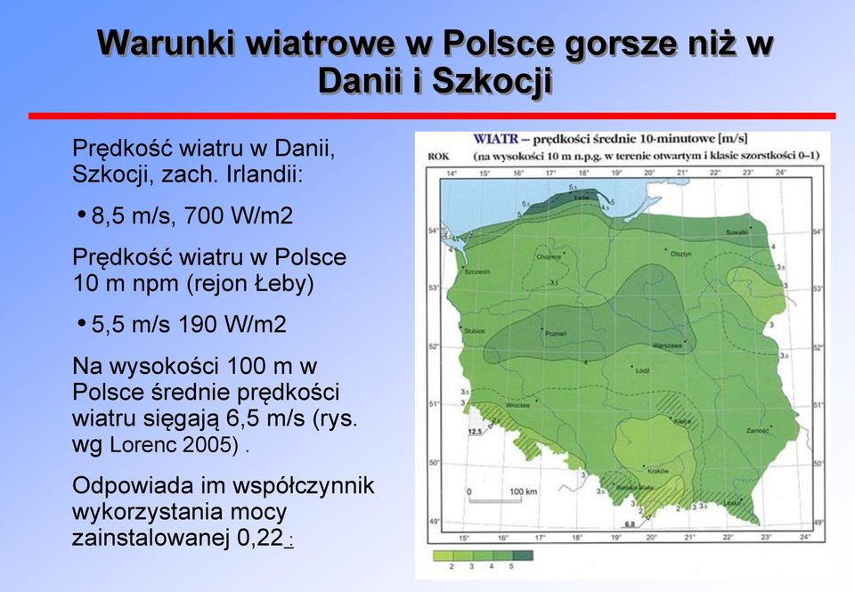 Irlandii: 8,5 m/s, 700 W/m2 Prędkość wiatru w Polsce 10 m npm (rejon Łeby) 5,5 m/s 190