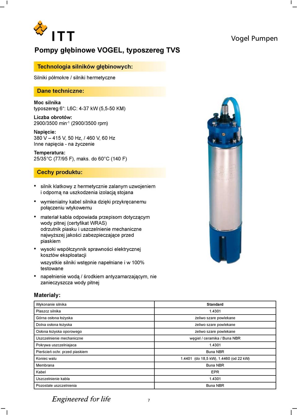 do 60 C (140 F) Cechy produktu: silnik klatkowy z hermetycznie zalanym uzwojeniem i odporną na uszkodzenia izolacją stojana wymienialny kabel silnika dzięki przykręcanemu połączeniu wtykowemu