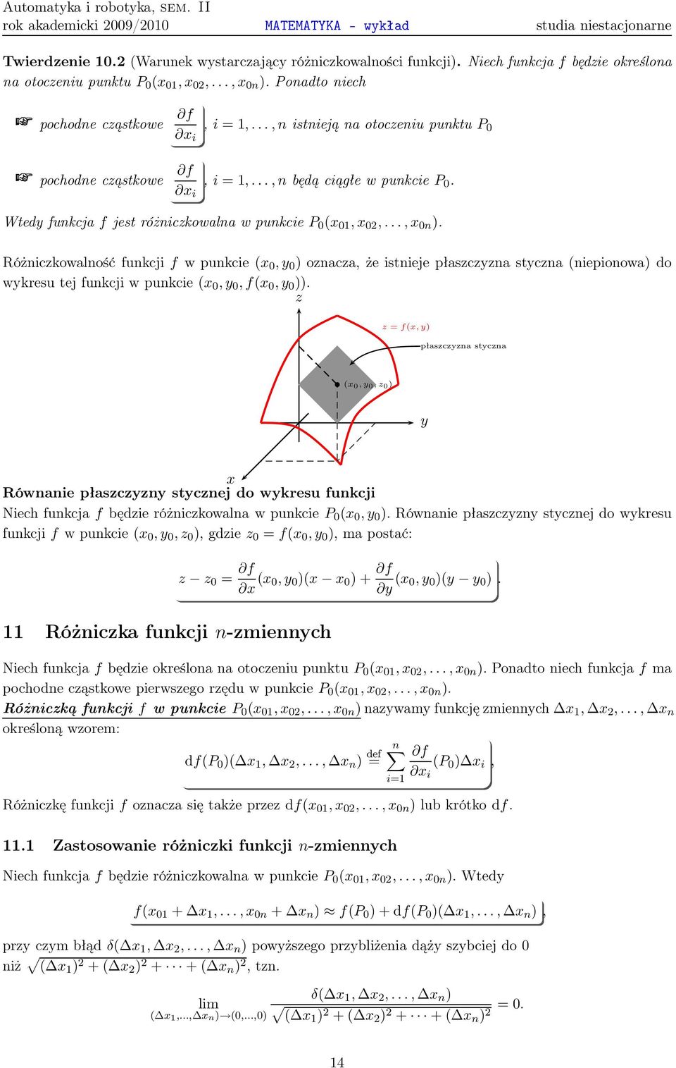 01, 02,, 0n ) Różnickowalność funkcjif w punkcie( 0, 0 ) onaca, że istnieje płascna stcna (niepionowa) do wkresu tej funkcji w punkcie( 0, 0,f( 0, 0 )) =f(,) płascna stcna ( 0, 0, 0 ) Równanie płascn