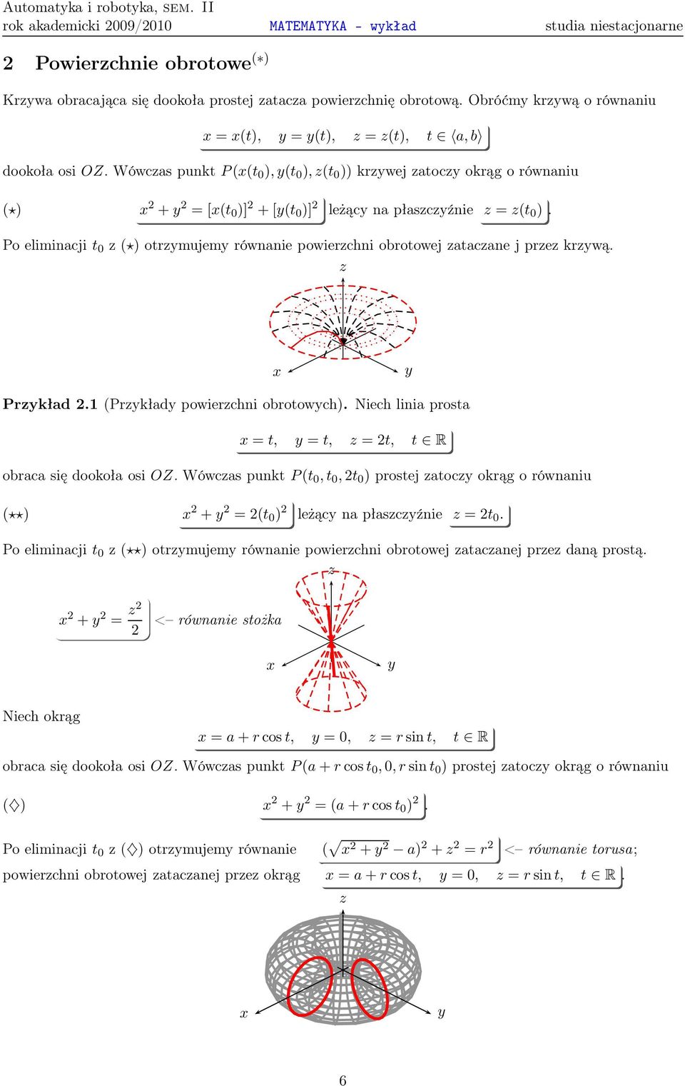 otrmujem równanie powierchni obrotowej atacane j pre krwą Prkład 21 (Prkład powierchni obrotowch) Niech linia prosta =t, =t, =2t, t R obraca się dookoła osioz Wówcas punktp(t 0,t 0,2t 0 ) prostej