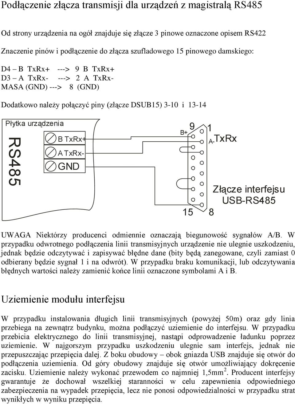 B+ 9 15 1 A-TxRx Złącze interfejsu USB-RS485 8 UWAGA Niektórzy producenci odmiennie oznaczają biegunowość sygnałów A/B.