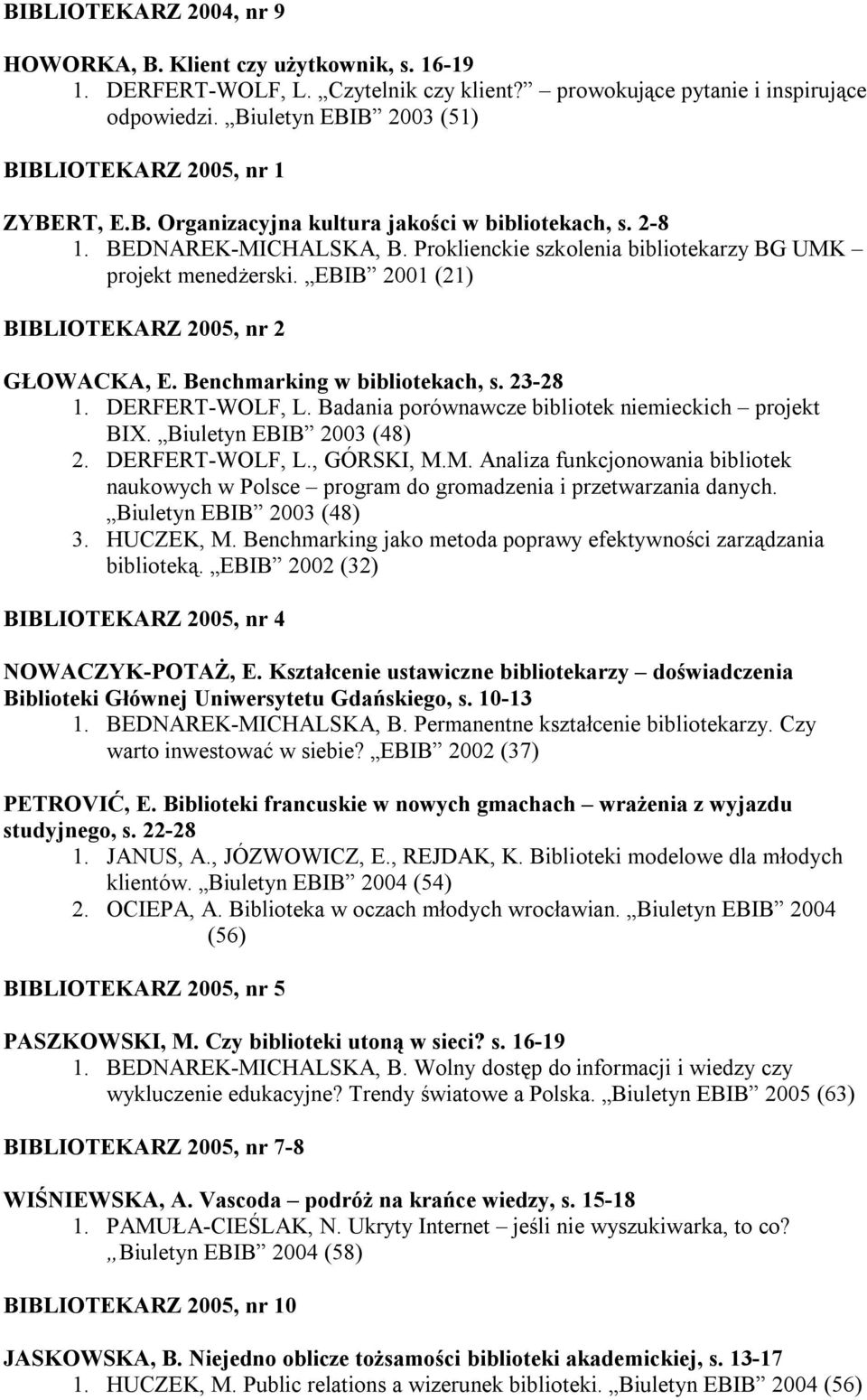 Proklienckie szkolenia bibliotekarzy BG UMK projekt menedŝerski. EBIB 2001 (21) BIBLIOTEKARZ 2005, nr 2 GŁOWACKA, E. Benchmarking w bibliotekach, s. 23-28 1. DERFERT-WOLF, L.