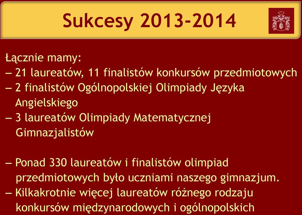 Gimnazjalistów Ponad 330 laureatów i finalistów olimpiad przedmiotowych było uczniami naszego