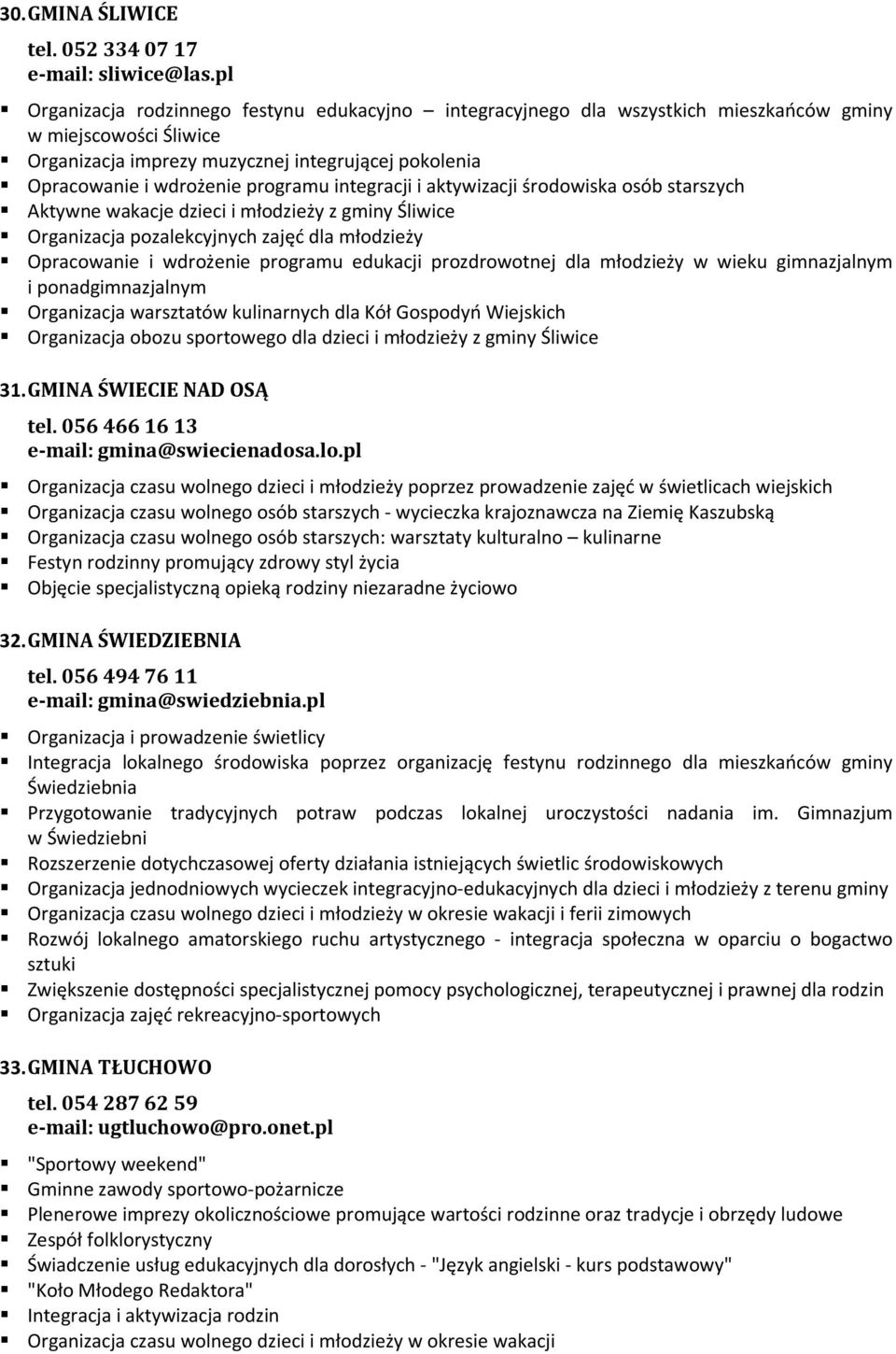 programu integracji i aktywizacji środowiska osób starszych Aktywne wakacje dzieci i młodzieży z gminy Śliwice Organizacja pozalekcyjnych zajęć dla młodzieży Opracowanie i wdrożenie programu edukacji