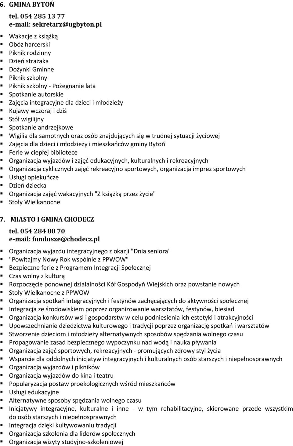 Kujawy wczoraj i dziś Stół wigilijny Spotkanie andrzejkowe Wigilia dla samotnych oraz osób znajdujących się w trudnej sytuacji życiowej Zajęcia dla dzieci i młodzieży i mieszkańców gminy Bytoń Ferie