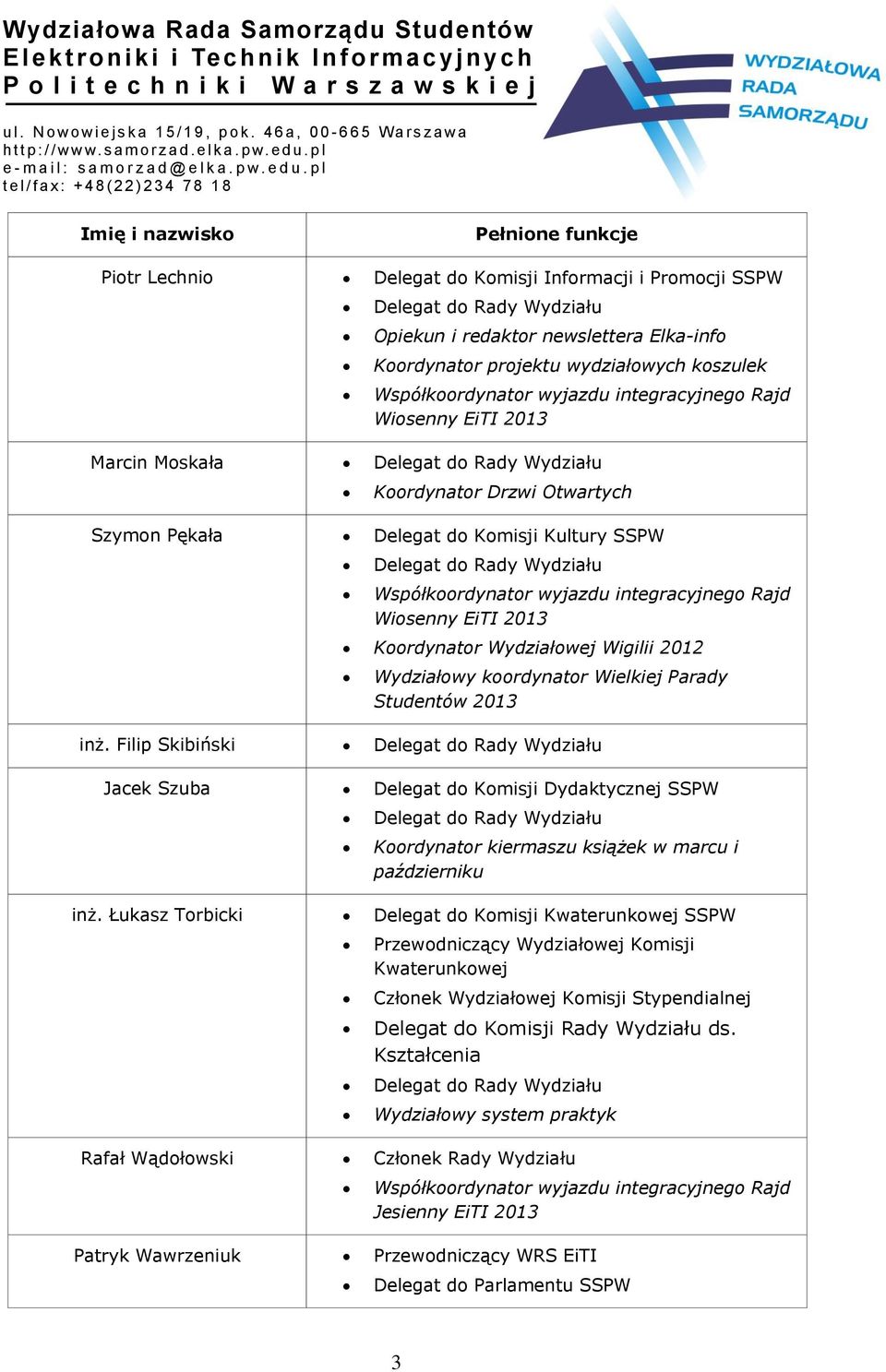 Koordynator Wydziałowej Wigilii 2012 Wydziałowy koordynator Wielkiej Parady Studentów 2013 inż.