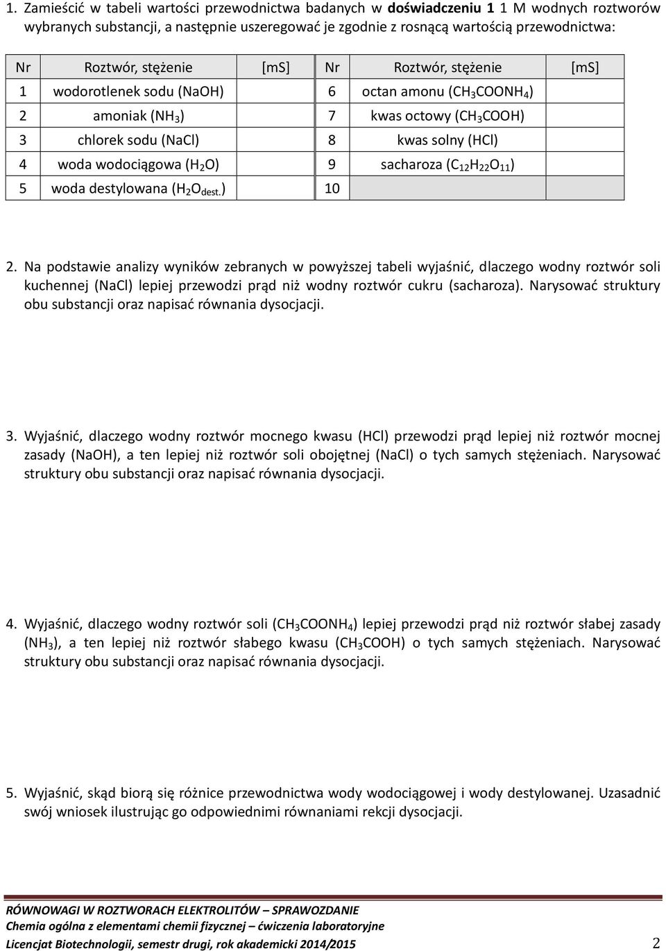 wodociągowa (H 2 O) 9 sacharoza (C 12 H 22 O 11 ) 5 woda destylowana (H 2 O dest. ) 10 2.