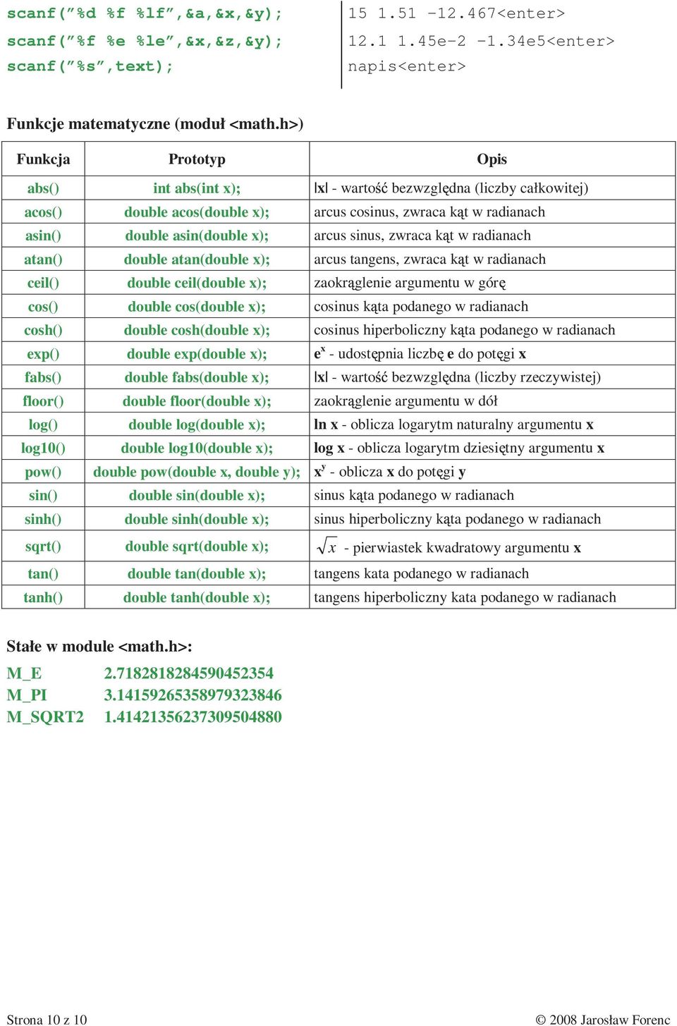 sinus, zwraca k t w radianach atan() double atan(double x); arcus tangens, zwraca k t w radianach ceil() double ceil(double x); zaokr glenie argumentu w gór cos() double cos(double x); cosinus k ta