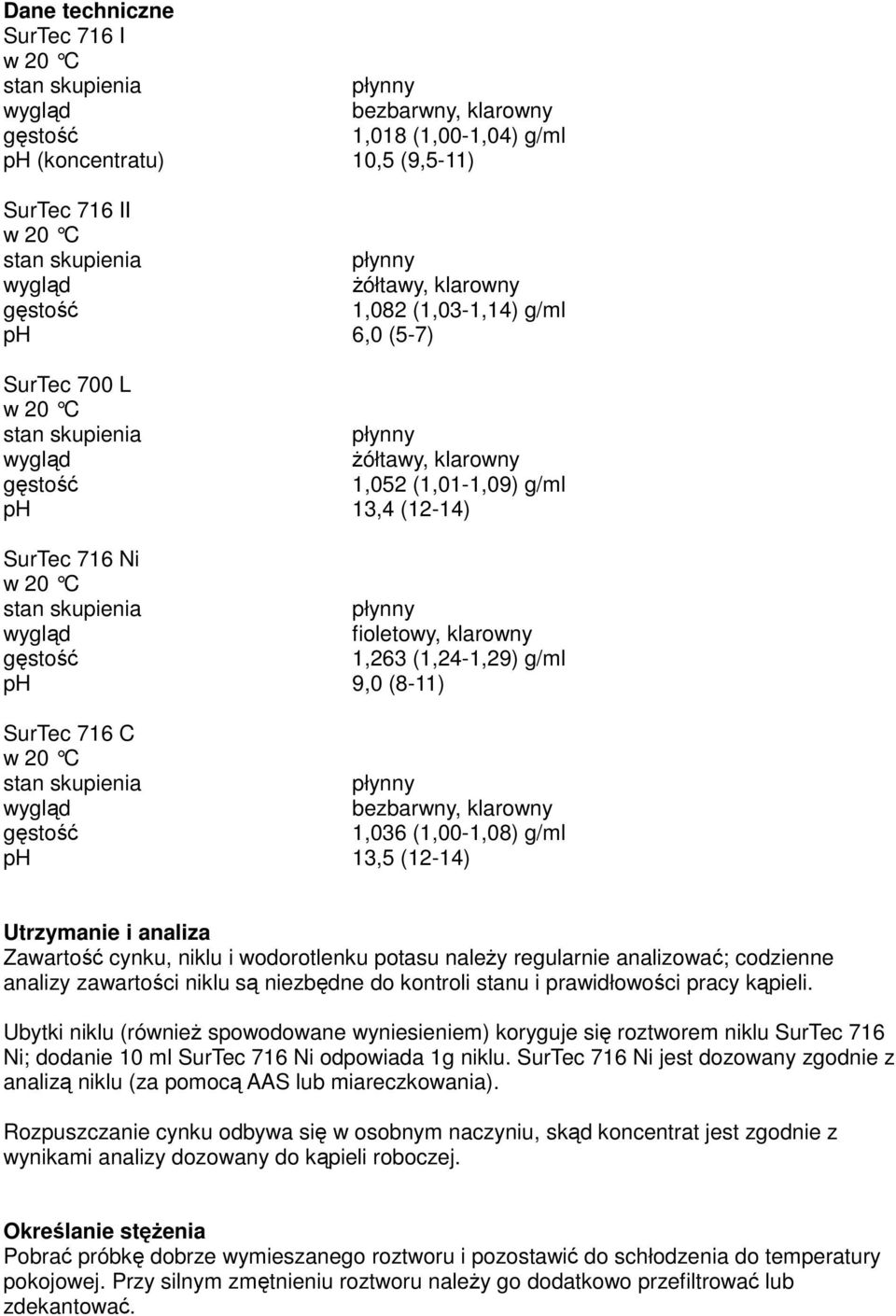 cynku, niklu i wodorotlenku potasu naleŝy regularnie analizować; codzienne analizy zawartości niklu są niezbędne do kontroli stanu i prawidłowości pracy kąpieli.