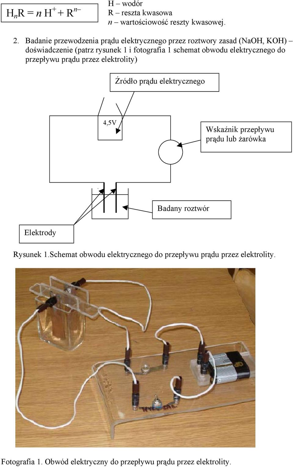 schemat obwodu elektrycznego do przepływu prądu przez elektrolity) Źródło prądu elektrycznego 4,5V Wskaźnik przepływu prądu