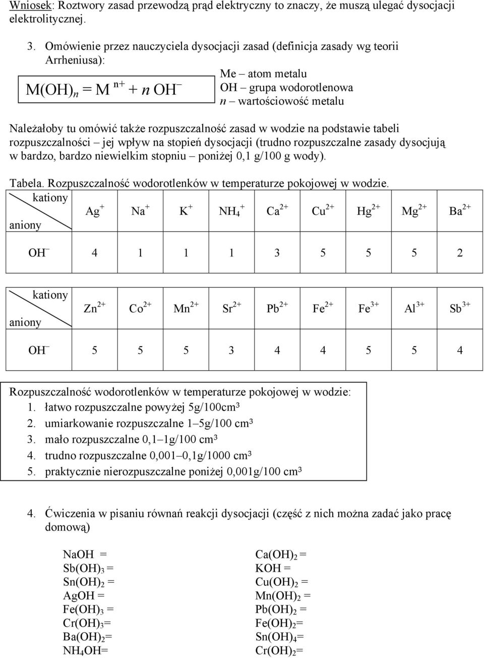 rozpuszczalność zasad w wodzie na podstawie tabeli rozpuszczalności jej wpływ na stopień dysocjacji (trudno rozpuszczalne zasady dysocjują w bardzo, bardzo niewielkim stopniu poniżej 0,1 g/100 g