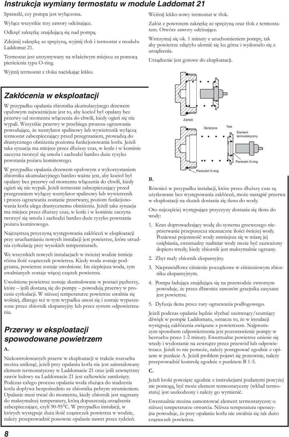 Wyjmij termostat z tłoka naciskając lekko. Wciśnij lekko nowy termostat w tłok. Załóż z powrotem zakrętkę ze sprężyną oraz tłok z termostatem. Otwórz zawory odcinające. Wstrzymaj się ok.