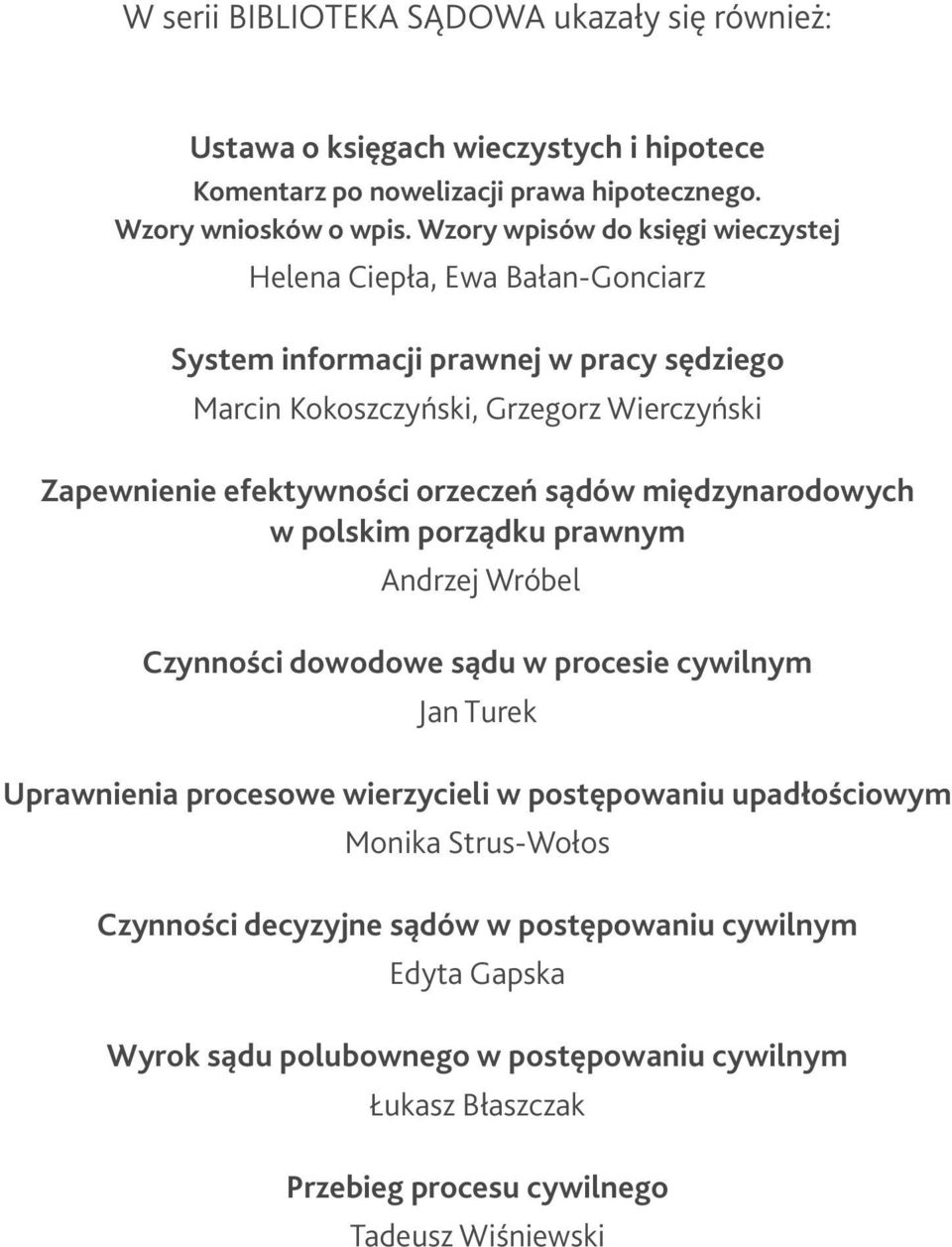 orzeczeń sądów międzynarodowych w polskim porządku prawnym Andrzej Wróbel Czynności dowodowe sądu w procesie cywilnym Jan Turek Uprawnienia procesowe wierzycieli w postępowaniu