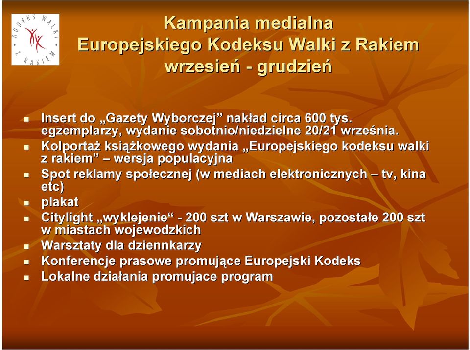 Kolportaż książ ążkowego wydania Europejskiego kodeksu walki z rakiem wersja populacyjna Spot reklamy społecznej (w mediach