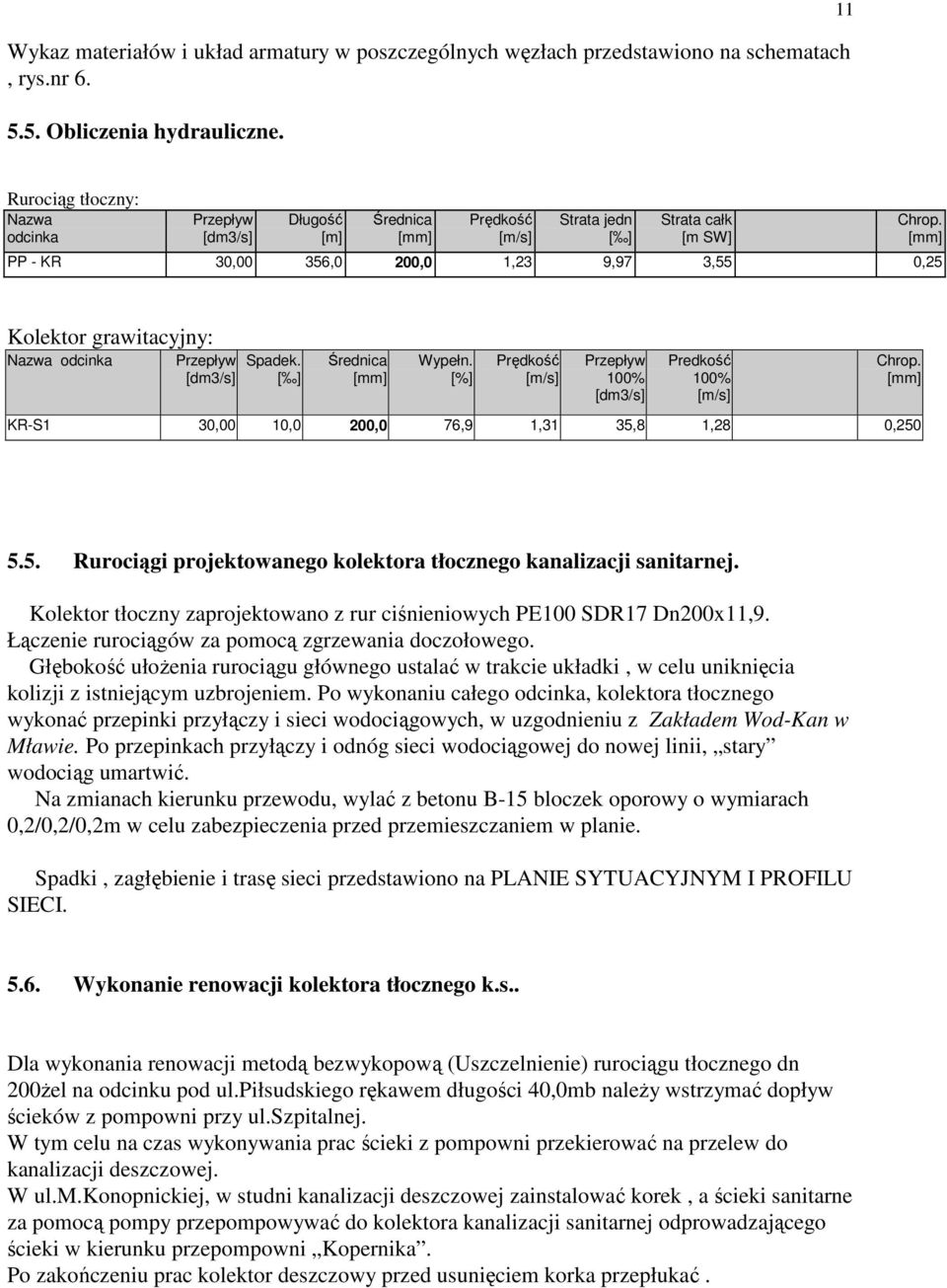 [mm] Kolektor grawitacyjny: Nazwa odcinka Przepływ [dm3/s] Spadek. [ ] Średnica [mm] Wypełn. [%] Prędkość [m/s] Przepływ 100% [dm3/s] Predkość 100% [m/s] Chrop.