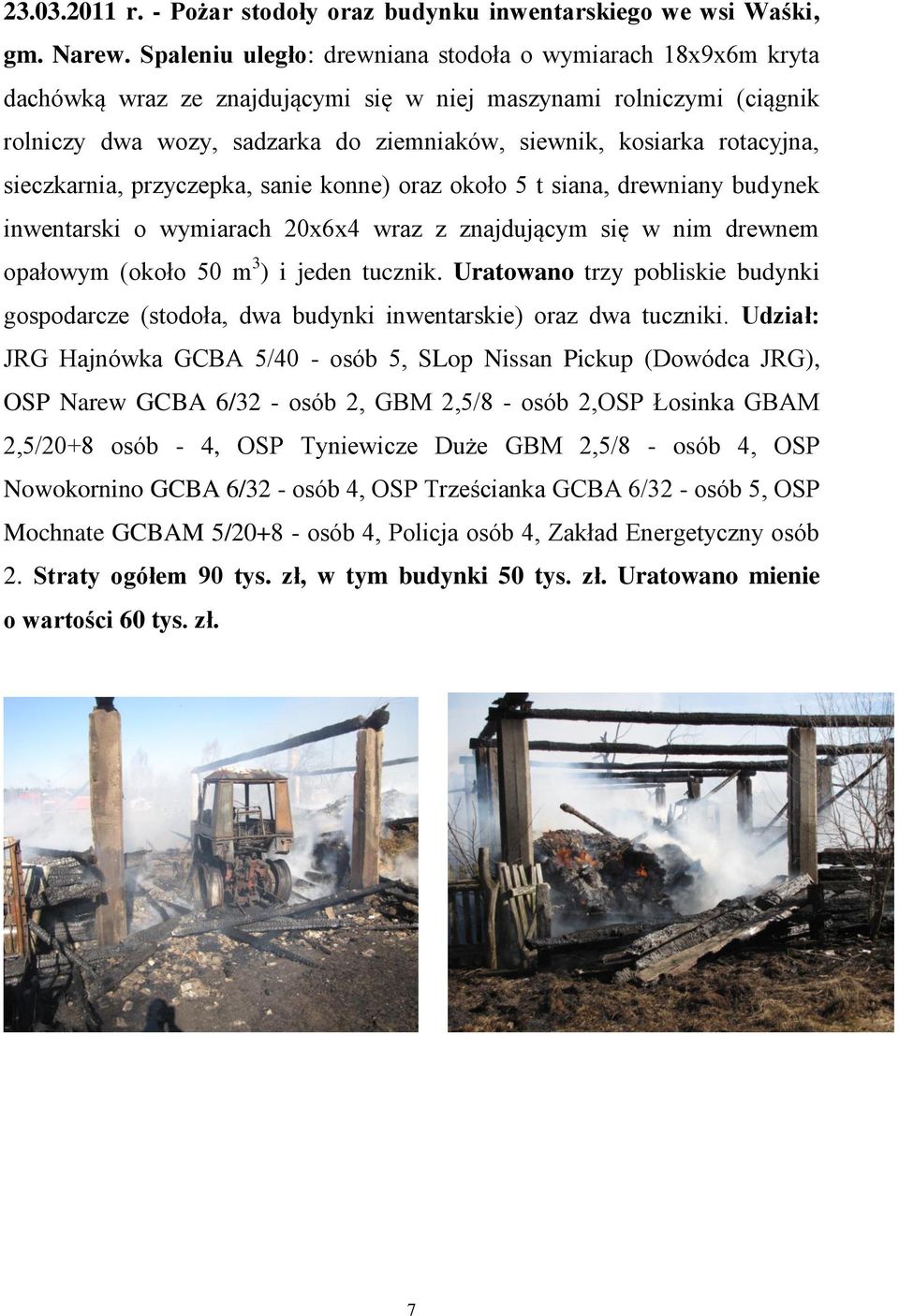 rotacyjna, sieczkarnia, przyczepka, sanie konne) oraz około 5 t siana, drewniany budynek inwentarski o wymiarach 20x6x4 wraz z znajdującym się w nim drewnem opałowym (około 50 m 3 ) i jeden tucznik.