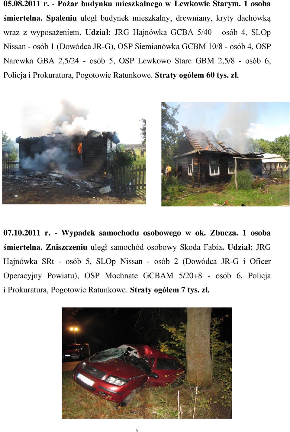 Policja i Prokuratura, Pogotowie Ratunkowe. Straty ogółem 60 tys. zł. 07.10.2011 r. - Wypadek samochodu osobowego w ok. Zbucza. 1 osoba śmiertelna.