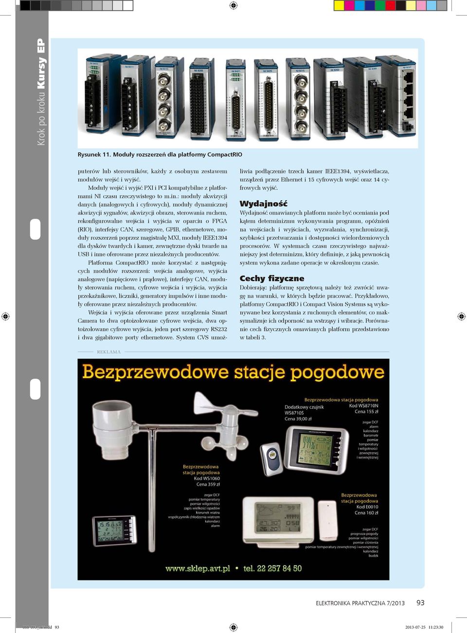 : moduły akwizycji danych (analogowych i cyfrowych), moduły dynamicznej akwizycji sygnałów, akwizycji obrazu, sterowania ruchem, rekonfigurowalne wejścia i wyjścia w oparciu o FPGA (RIO), interfejsy