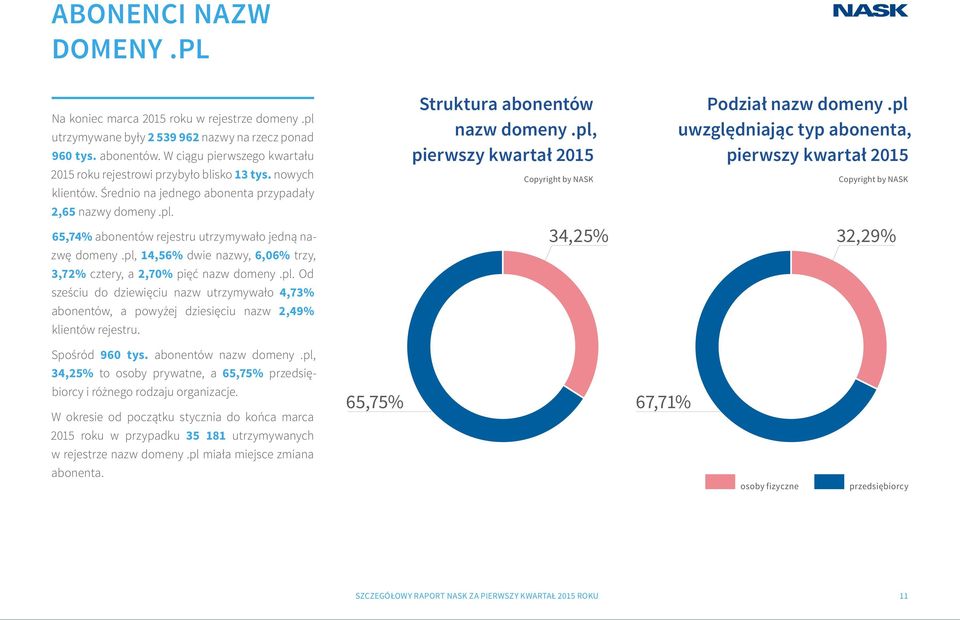 65,74% abonentów rejestru utrzymywało jedną nazwę domeny.pl, 14,56% dwie nazwy, 6,06% trzy, 3,72% cztery, a 2,70% pięć nazw domeny.pl. Od sześciu do dziewięciu nazw utrzymywało 4,73% abonentów, a powyżej dziesięciu nazw 2,49% klientów rejestru.