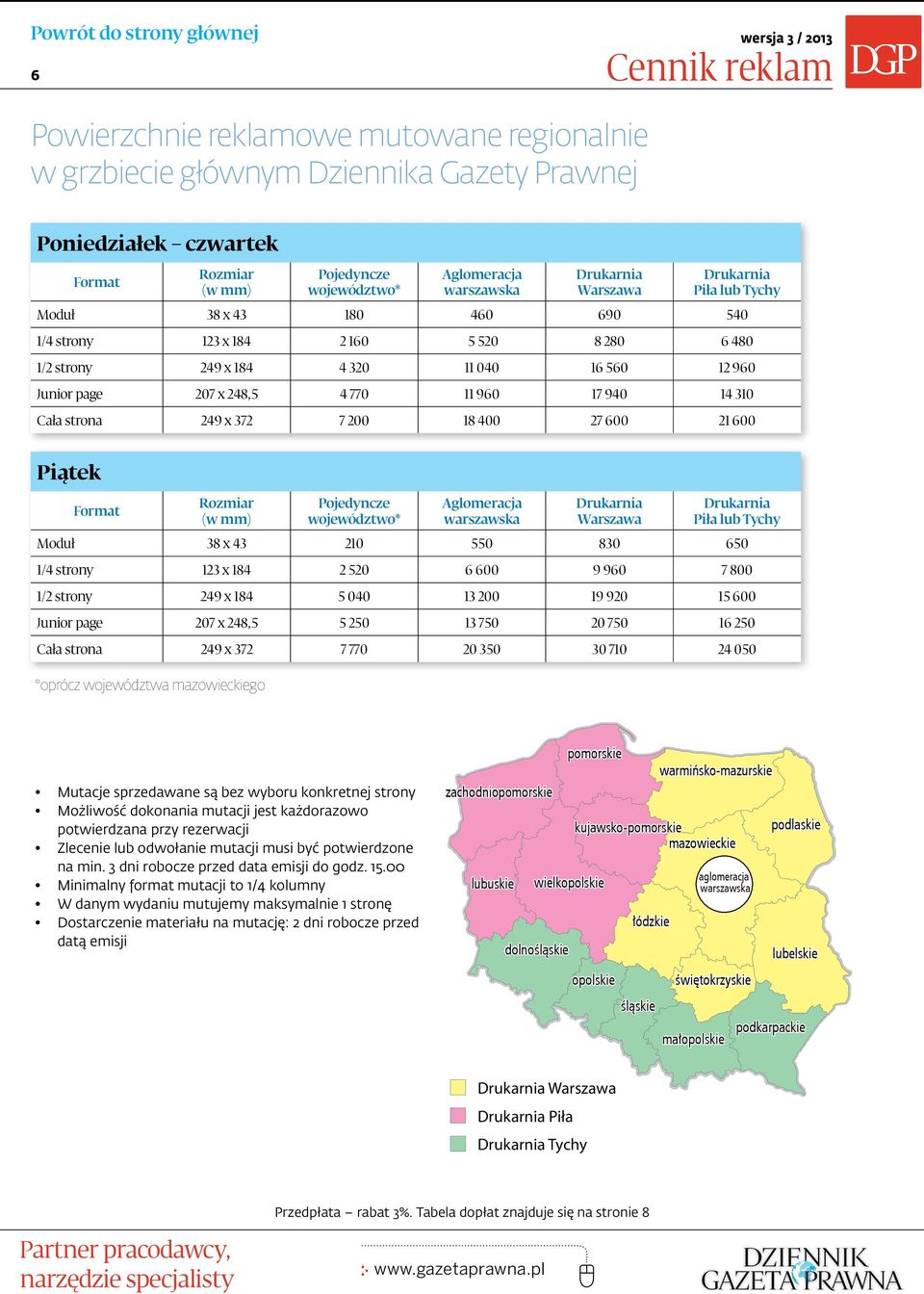 Warszawa Drukarnia Piła lub Tychy 210 550 830 650 2 520 6 600 9 960 7 800 5 040 13 200 19 920 15 600 5 250 13 750 20 750 16 250 Cała strona 7 770 20 350 30 710 24 050 Format Moduł Format Moduł