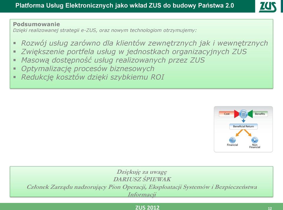 dostępność usług realizowanych przez ZUS Optymalizację procesów biznesowych Redukcję kosztów dzięki szybkiemu ROI