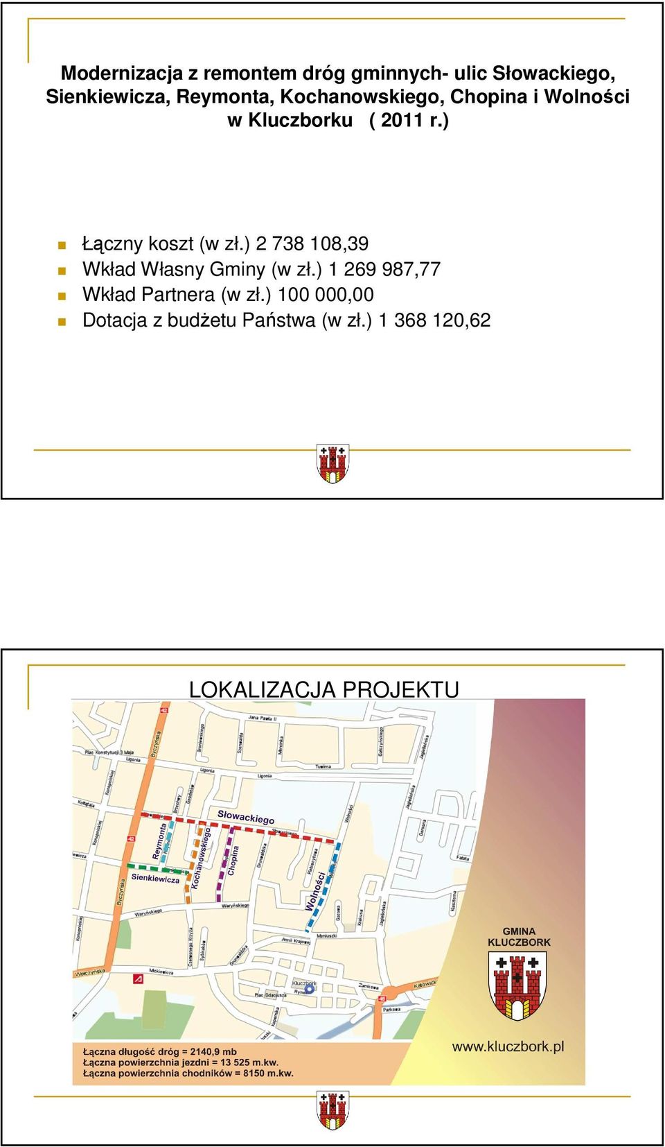 ) Łączny koszt (w zł.) 2 738 108,39 Wkład Własny Gminy (w zł.