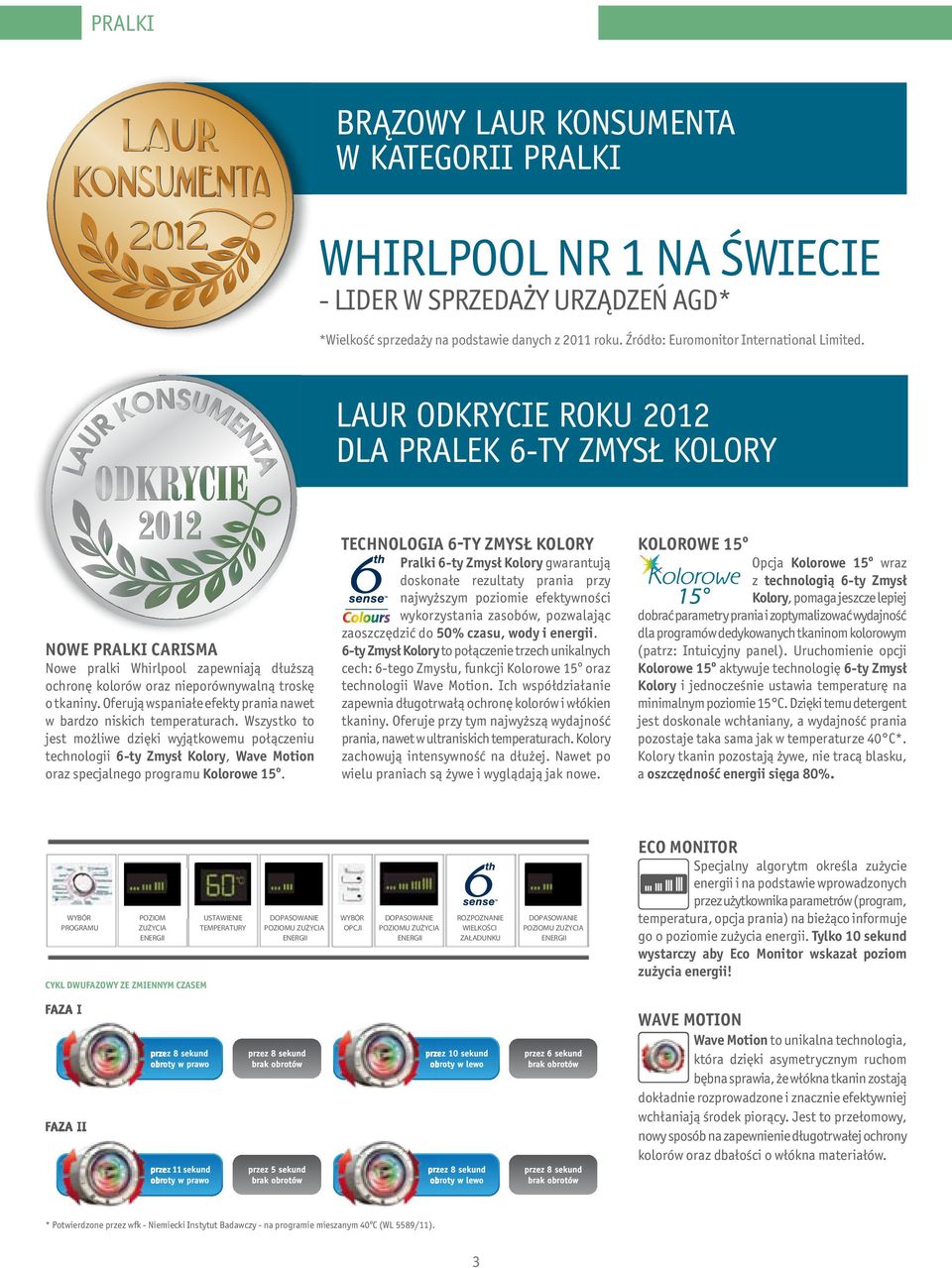 LAUR ODKRYCIE ROKU 2012 DLA PRALEK 6-TY ZMYSŁ KOLORY nowe pralki carisma Nowe pralki Whirlpool zapewniają dłuższą ochronę kolorów oraz nieporównywalną troskę o tkaniny.