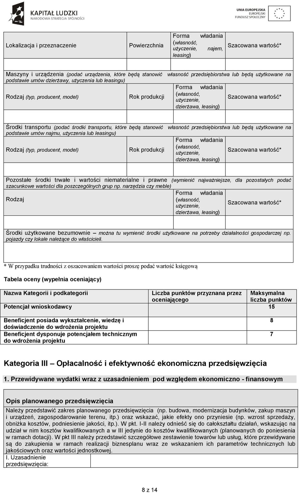 Środki transportu (podać środki transportu, które będą stanowić własność przedsiębiorstwa lub będą użytkowane na podstawie umów najmu, użyczenia lub leasingu) Forma władania Rodzaj (typ, producent,